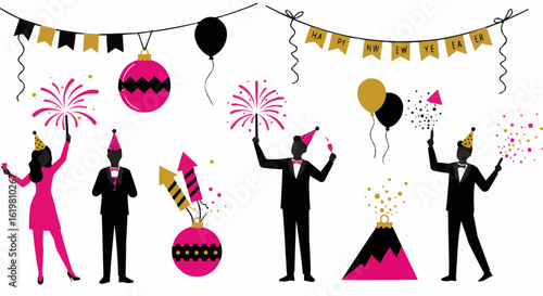 Festive celebration with fireworks and party decorations.