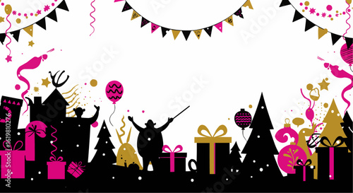 Festive celebration with gifts and decorations. 