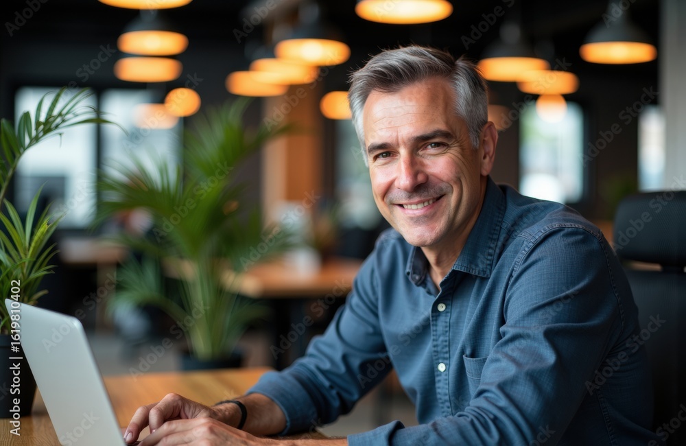 Fototapeta premium A smiling middle-aged man works on a laptop in a modern office environment
