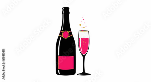 A festive wine bottle and glass with a pink-colored drink.