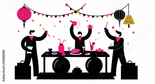A festive illustration captures the joy of celebration at the party.