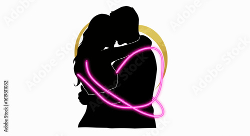 Romantic silhouette of a couple embracing, with an artistic touch of pink neon light encircling their figures.