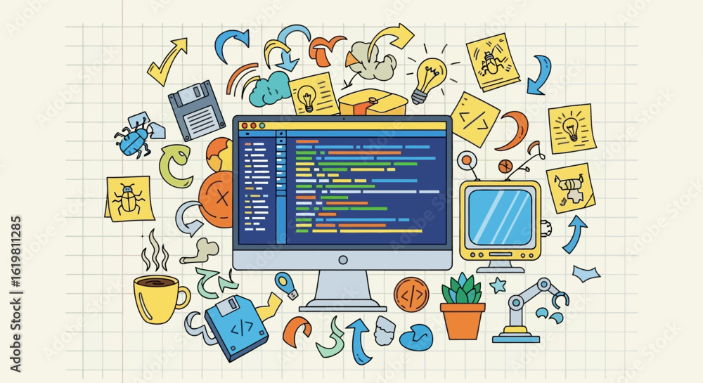 Fototapeta premium Computer screen displaying code surrounded by hand-drawn icons representing software development and problem-solving.