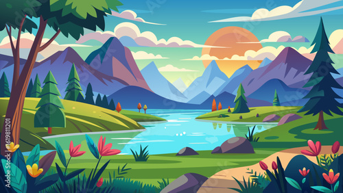Vector art of stylized cartoon depiction of a serene mountain valley with a flowing river, rolling green hills, and a vibrant sunset sky with scattered clouds