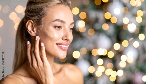 A woman applies makeup to her face, smiling softly against a bokeh background of warm lights
