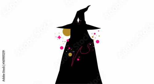 A mysterious witch silhouette surrounded by magical sparkles and swirls.