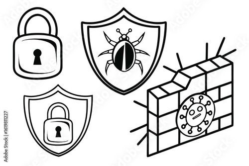 Illustration depicting cybersecurity elements including padlocks shields with bugs and a virus on a wall