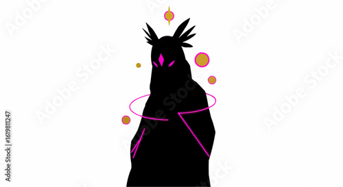 Mysterious silhouette of a figure with a crown surrounded by sparkling elements.