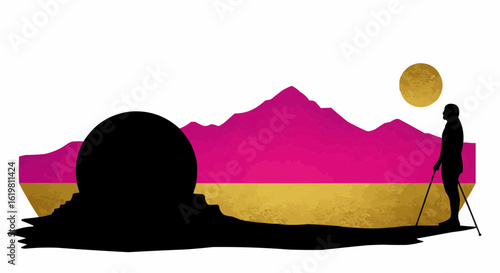 A striking landscape illustration featuring a silhouetted figure gazing at a distant vista.