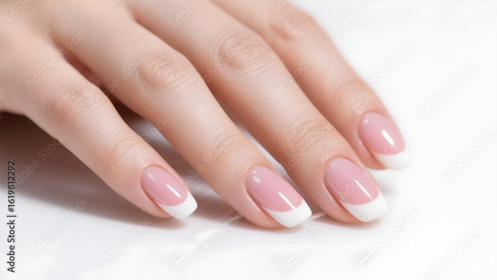 Ultra close-up of French-manicured nails with glossy white tips and pink base. Ultra close-up of French-manicured nails with glossy white tips and pink base.