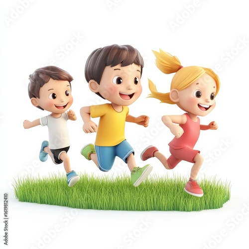 Kids Running: Fun 3D Render of Children Playing Outdoors