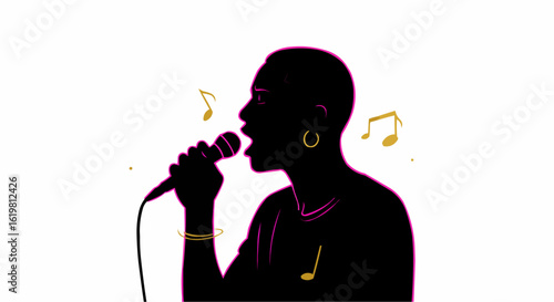 Silhouette of a person singing passionately into a microphone. 