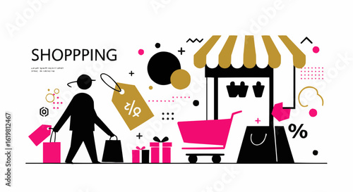 Shopping concept illustration with shopper and store elements.