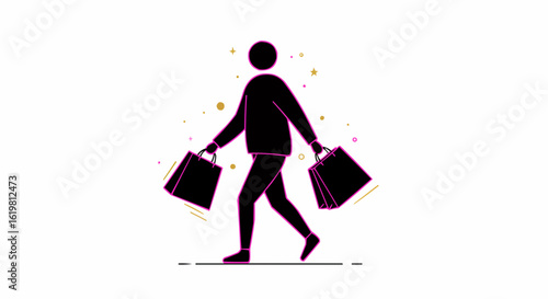 Silhouette of a person walking with shopping bags.