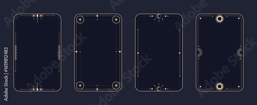 Gold mystical tarot card frames on dark background - celestial designs with sun, moon and stars. Elegant esoteric borders with sacred geometry for divination or spiritual oracle card