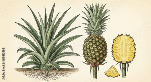 Pineapple Plant and Fruit – Botanical Vector Illustration with Whole and Sliced Views