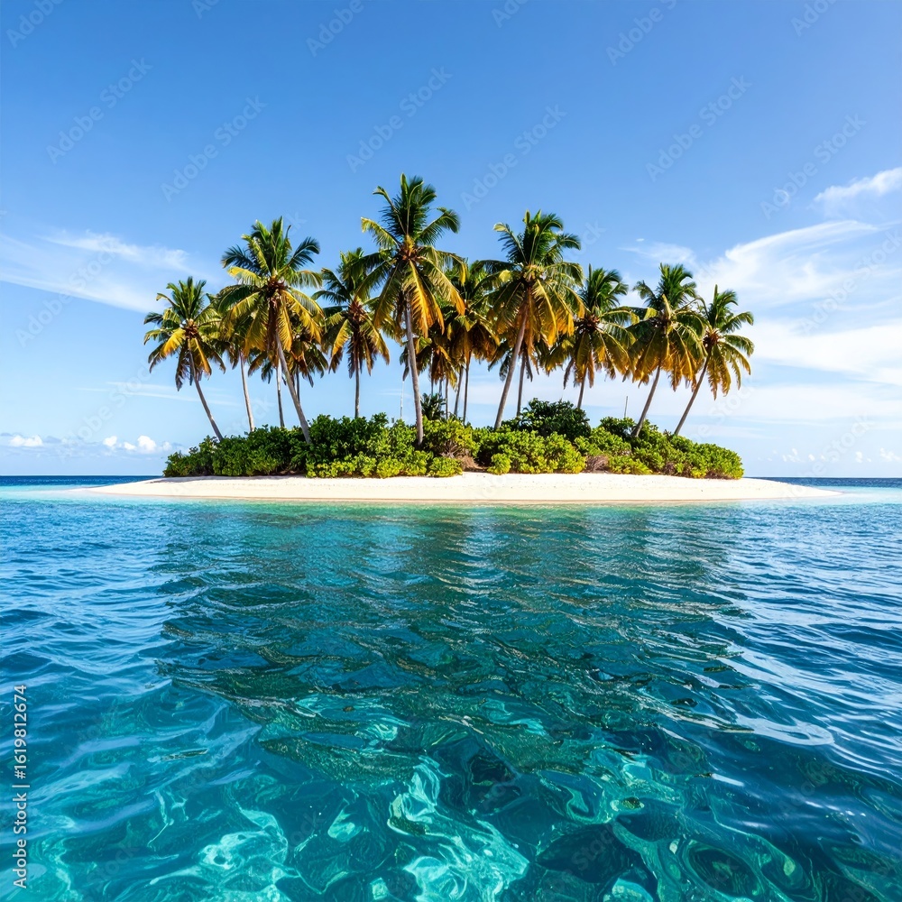 Obraz premium Idyllic tropical island beach with swaying palm trees, turquoise water, and white sand under a sunny sky