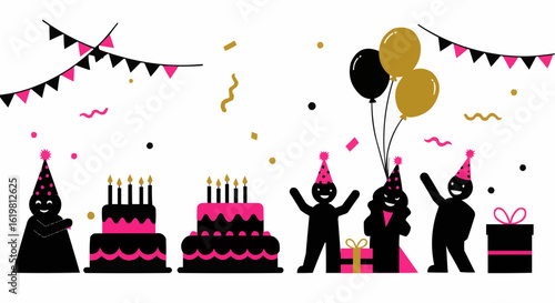 A fun birthday party scene with silhouettes of cake, balloons, and festive decorations.