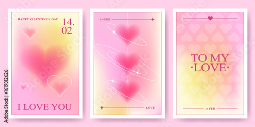 Y2k Valentine cards with blurred heart shapes and pink yellow gradient backgrounds. Retro cyber love designs with orbital lines, sparkles and romantic typography for February 14 celebration.