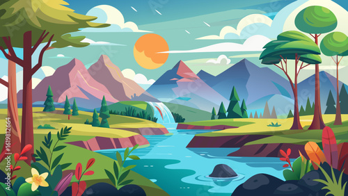 Vector art of idyllic cartoon scenery featuring majestic mountains, a flowing river, and a cascading waterfall bathed in the warm glow of a setting sun