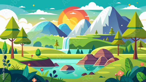 Vector art of idyllic cartoon landscape featuring a serene river, lush green hills, snowcapped mountains, and a vibrant sunset, creating a picturesque and peaceful natural scene