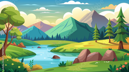 Vector art of vibrant cartoon landscape with rolling green hills, a winding river, and majestic mountains under a bright blue sky with fluffy clouds, evoking a sense of natural beauty and tranquility