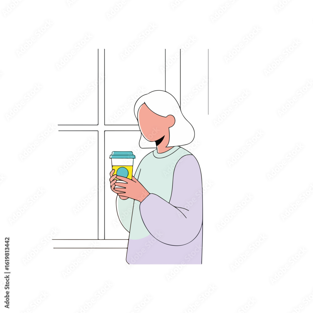 Fototapeta premium Woman holding coffee near window for refreshment and relaxation, she enjoys her beverage. Woman enjoying her morning coffee and reflects in peaceful solitude.