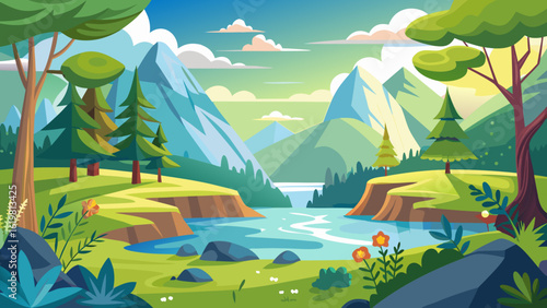 Vector art of stylized cartoon scenery featuring towering mountains, a flowing river, verdant meadows, and scattered trees under a bright, partly cloudy sky, showcasing natural splendor
