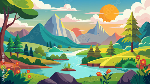 Vector art of beautiful cartoon landscape illustration of a serene mountain range with a flowing river, waterfall, evergreen trees, and wildflowers under a vibrant sky at sunrise