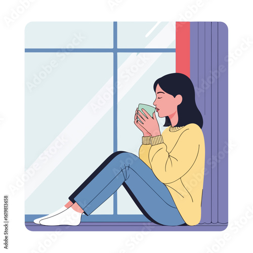 Quiet moment with tea, featuring illustration of woman by window enjoying warm beverage. Cozy quiet moment indoors with pensive girl in sweater, contemplative by windowsill with mug.
