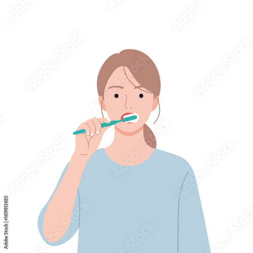 Young woman brushing teeth shows daily oral hygiene habit with toothbrush. Brushing teeth promotes dental health and gleaming enamel, displaying a personal care routine, plus self care.