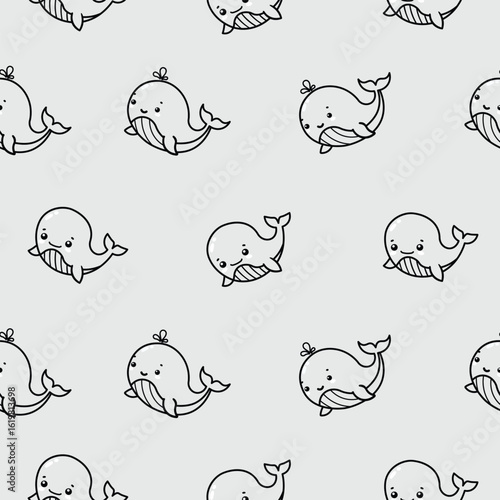 Black and white cute whale seamless pattern illustration on grey background suitable for food wrap wallpaper etc.