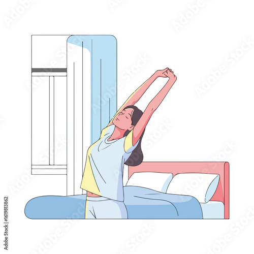 Woman waking up and stretching with arms raised in bed, engaging in morning stretching routine. Healthy morning stretching for well being and flexibility in cozy home, beginning day with stretching.