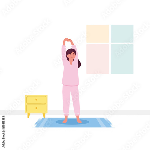 Woman stretching in morning for peacefulness and energy, wearing pink pajama. Morning stretching exercises promote health, fitness, and daily routine in home setting.