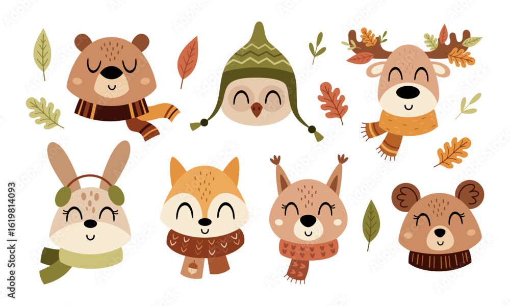 Fototapeta premium Autumn clipart set with cute woodland animal faces and fall leaves in cartoon flat style. Vector illustration
