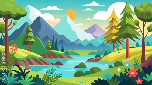 Vector art of vibrant cartoon landscape with majestic mountains, a winding river, lush green hills, and colorful flora under a bright sunny sky, evoking a sense of natural beauty and tranquility