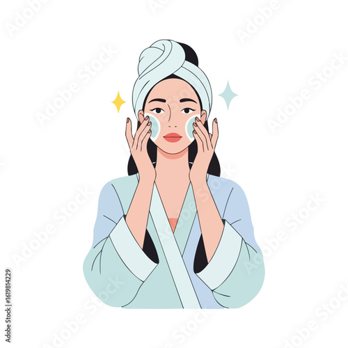 Girl using cotton pad for face cleansing routine in her bathroom, this face cleansing routine improves skin health. Beautiful woman’s face cleansing routine includes personal care, facial cleansing.