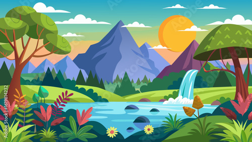 Vector art of vibrant cartoon landscape with majestic mountains, a flowing river, a cascading waterfall, and lush greenery under a bright sun and blue sky