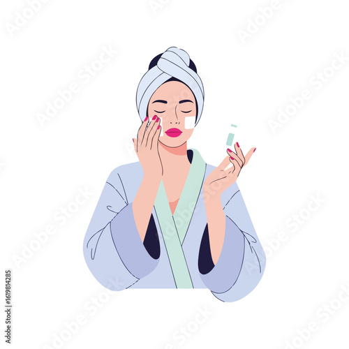 Young woman applying skincare, showing beauty care with moisturizer after shower, during facial beauty care. Female in bathrobe doing her morning skincare routine, after shower beauty care,