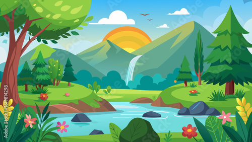 Vector art of idyllic cartoon landscape with a sunlit mountain range, a gentle waterfall, a clear river, and vibrant flora under a bright blue sky