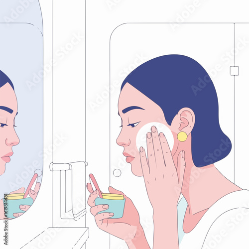 Facial cleansing illustration for skincare promotion, girl using cotton pad to remove makeup. Facial cleansing in morning skincare routine. Facial cleansing as part of skincare marketing.