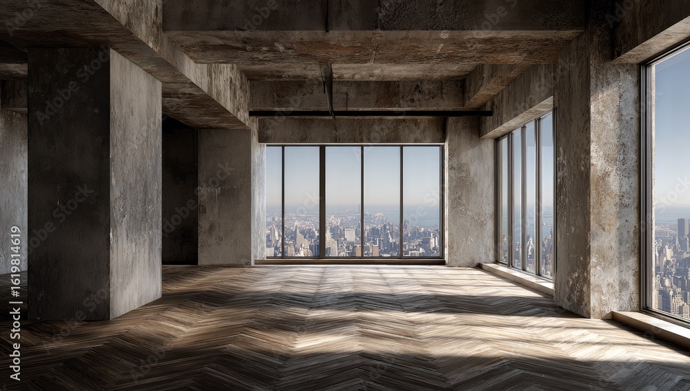 Sunlit, empty, high-rise loft with exposed concrete and hardwood floors Sunlit, empty, high-rise loft with exposed concrete and hardwood floors