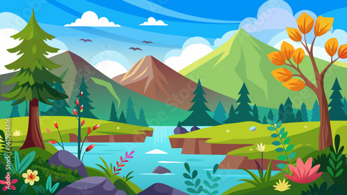 Vector art of autumnal cartoon landscape with mountains, a river, and a waterfall, featuring trees with orange leaves, plants, and flowers under a blue sky