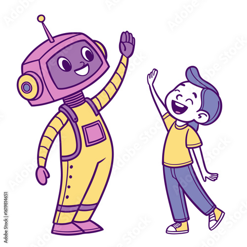 Friendly robot and happy child waving hello together