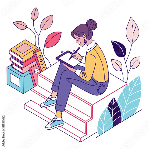 Young woman artist drawing on digital tablet surrounded by books and plants