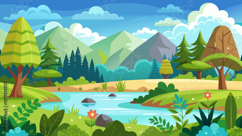 Vector art of vibrant cartoon landscape with a winding river, lush green trees, and majestic mountains under a bright blue sky with fluffy clouds, evoking a sense of natural beauty and tranquility