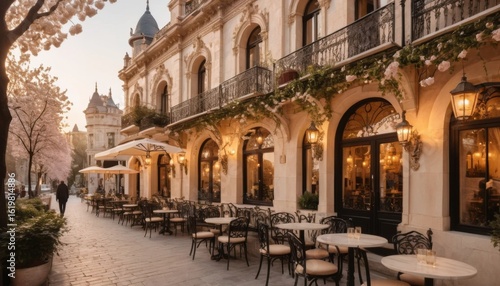 Elegant outdoor cafe at sunset with floral details