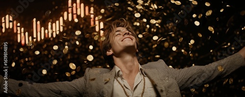 Investor bursts with excitement after earning big profits from a successful stock trade, celebrating a rewarding moment in their financial journey