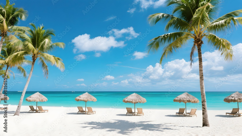 Pristine white sand beach with turquoise water, palm trees, and sunny sky. Pristine white sand beach with turquoise water, palm trees, and sunny sky.