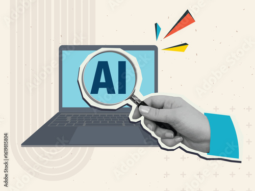 Person looks through magnifying glass at the word AI on laptop screen. Modern photo collage style. Vector illustration